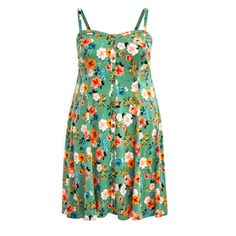 Green Floral Challis Fit and Flare Cami Dress